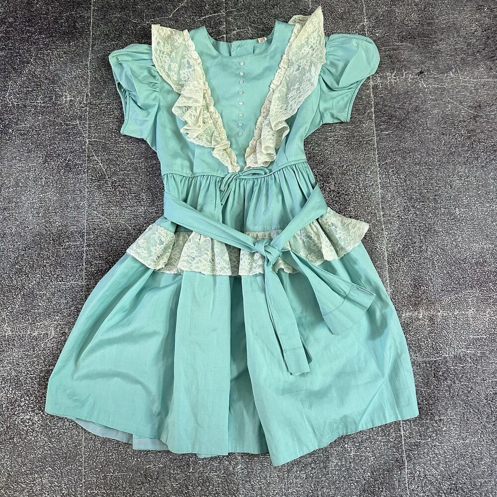 Girl's Vintage 50's Celeste Powder Blue Lace Cottagecore Shirt Mini Dress Sz 5-6